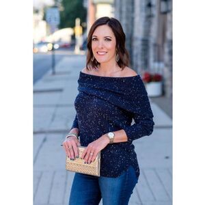 Loft Flecked Off The Shoulder Sweater Size S Navy Blue